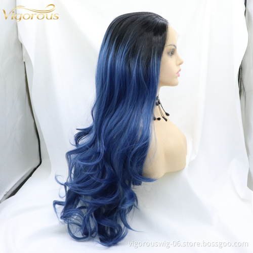 Vigorous Pre Plucked Natural Hairline Long Body Wave Ombre Blue Synthetic Lace Front Hair Wig for Women